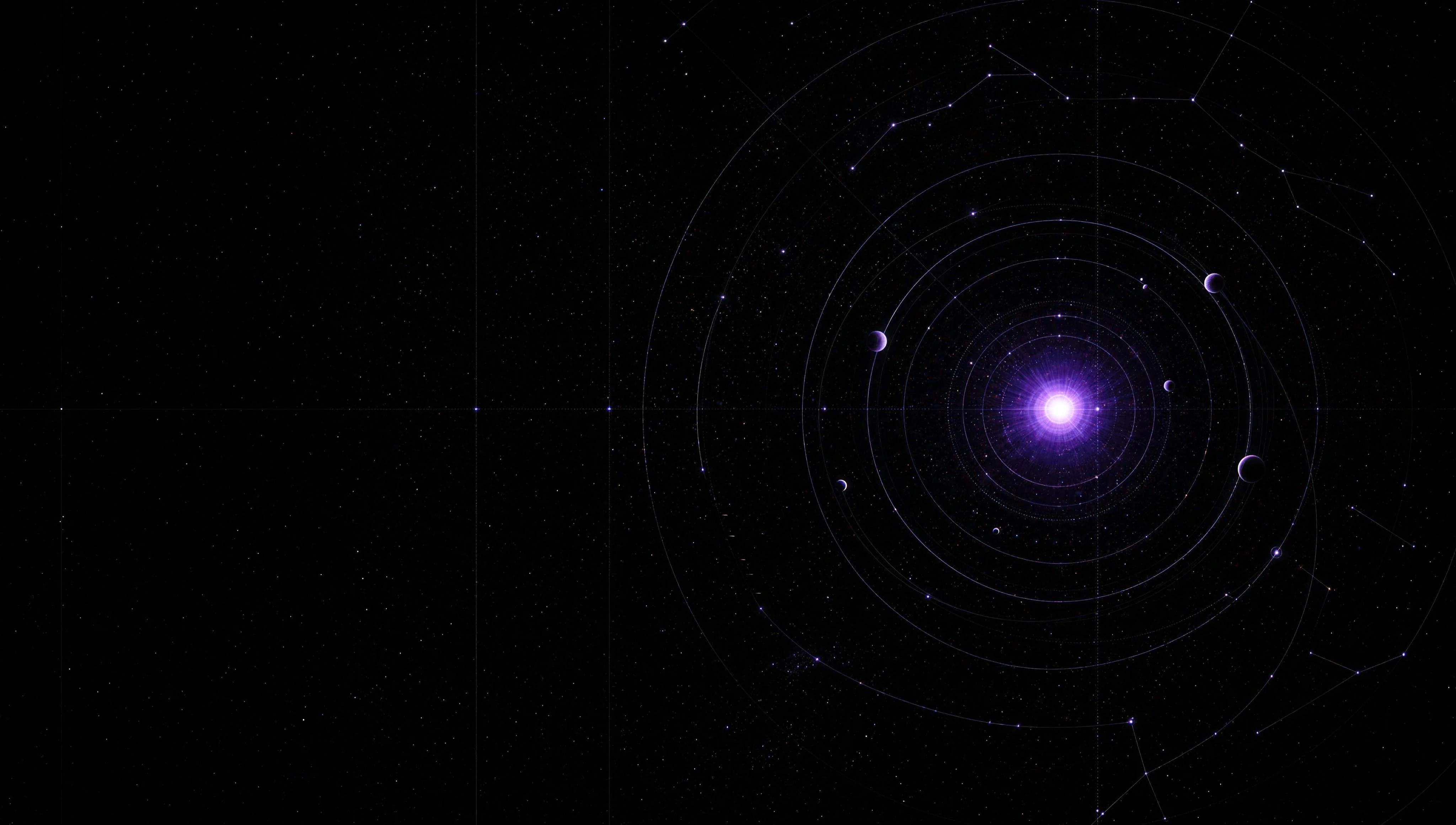 A luminous purple star at the center of a concentric orbital system, planets tracing rings against a deep-space star field with constellation connectors